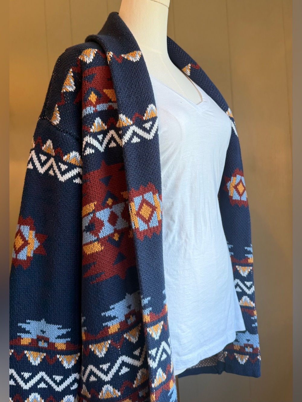 Lucky Brand Navy Aztec Open-Front Cardigan with Rust & Light Blue Accents -Sz M